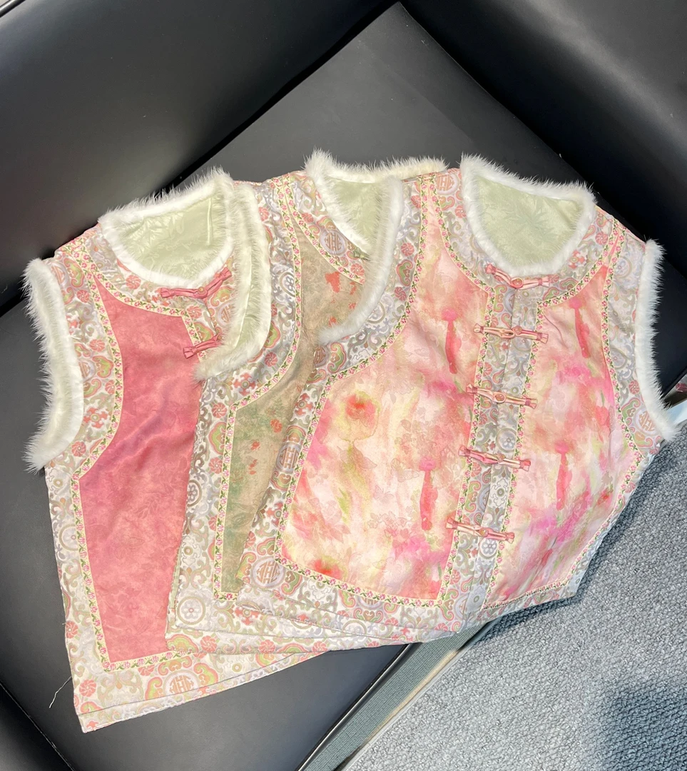 【桃夭】新款新中式显瘦高定轻奢真丝真毛夹棉马甲复古国风无袖上衣