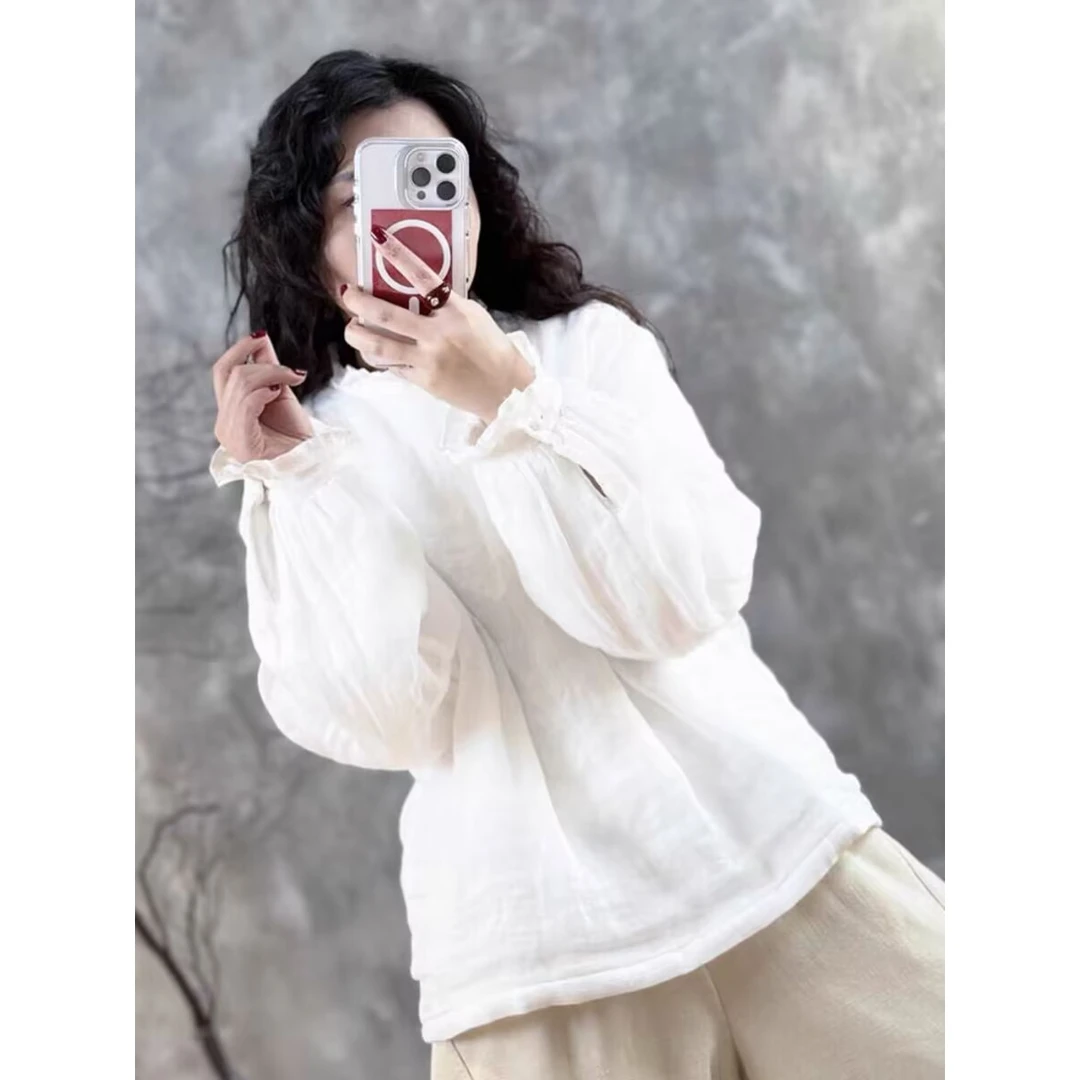 【小家碧玉】秋冬季花边木耳领纯色百搭文艺格调苎麻棉袄棉衣宽松款