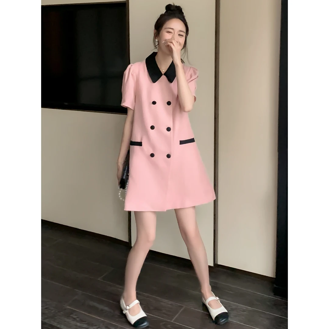 粉色小香风西装裙女夏季新款法式小个子气质通勤连衣裙潮