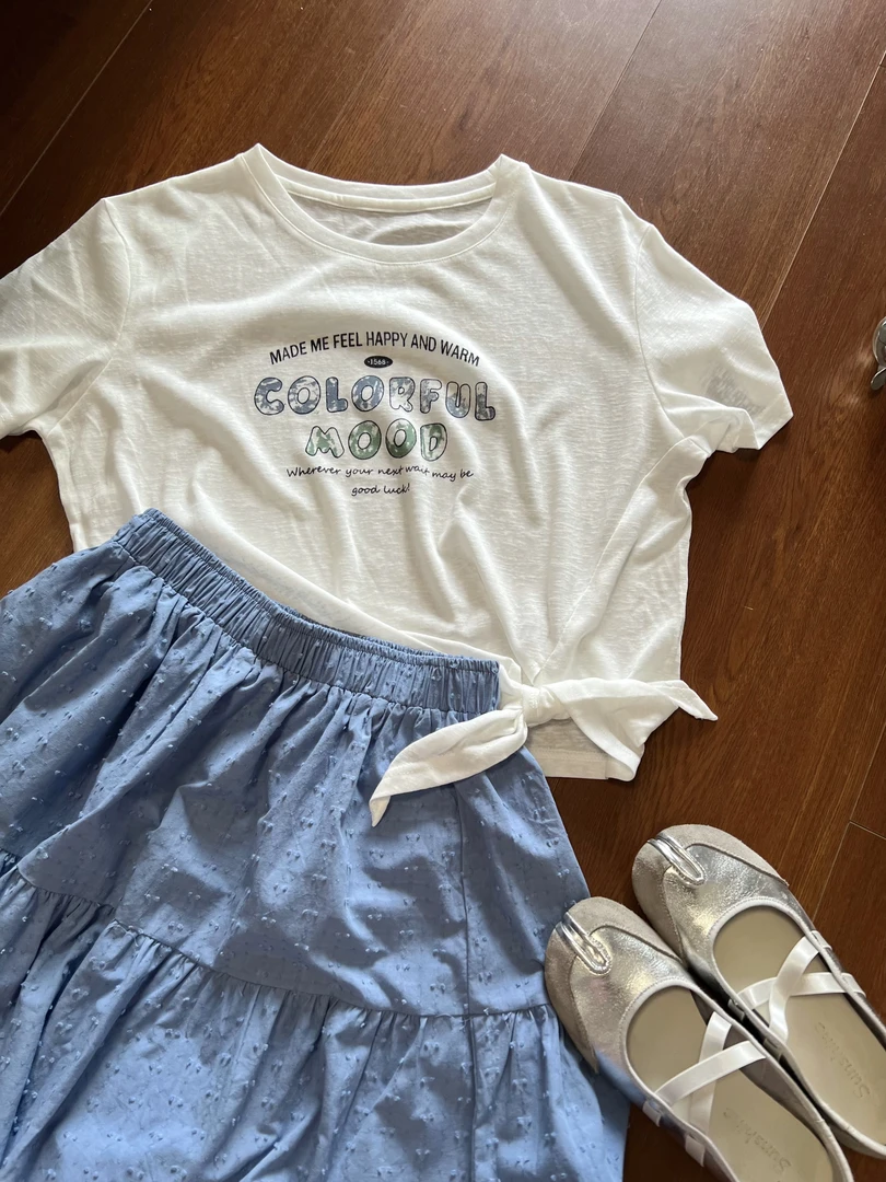 SanMu 新款夏季圆领雪花短袖T恤 印花薄款绑带设计宽松上衣