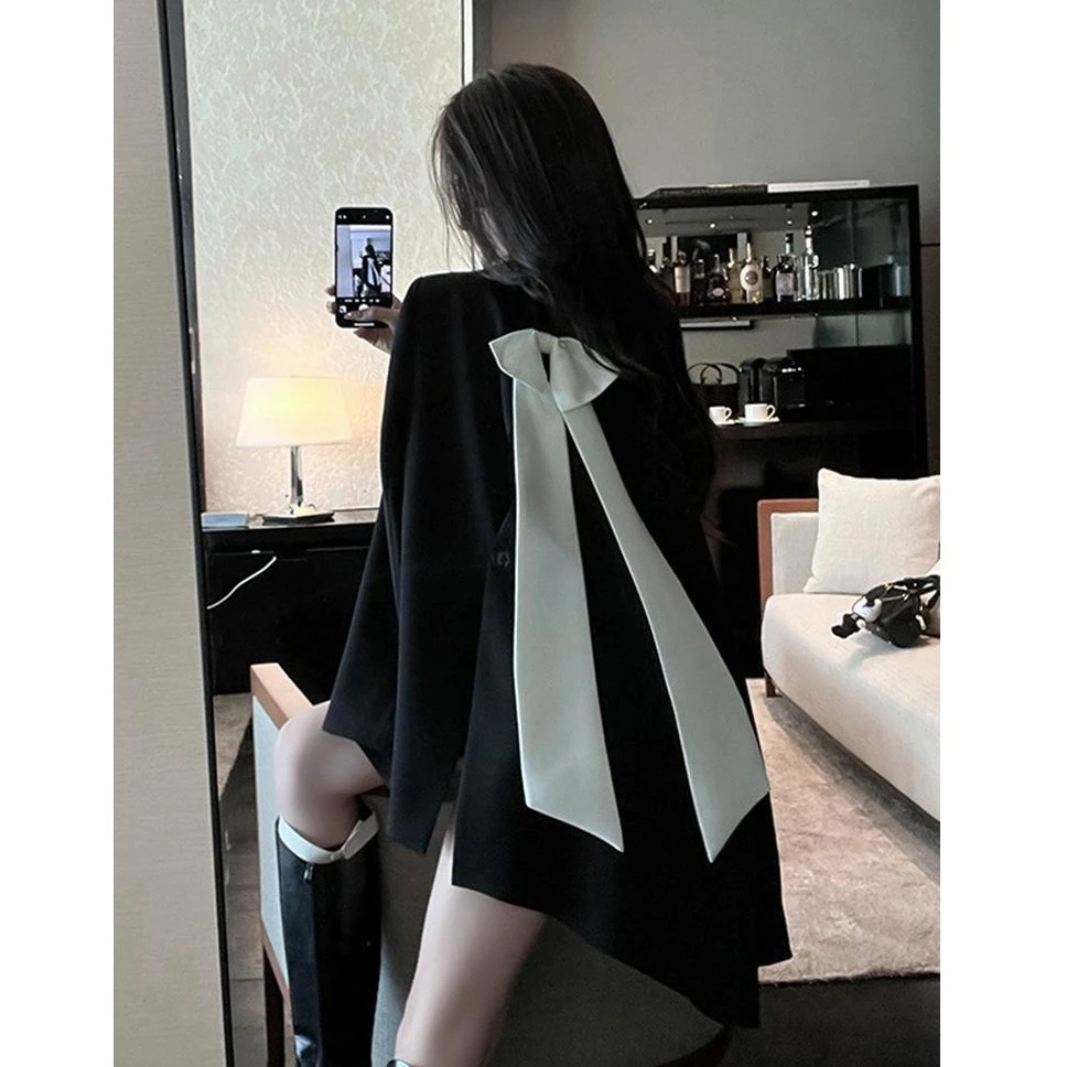 2025年秋小香风撞色蝴蝶结宽松西装外套女法式休闲流苏洋气ol西服