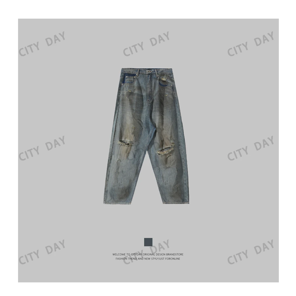 CityDay【楠哥】定织赤耳丹宁 立裁刀锋破洞做旧牛仔裤 6958