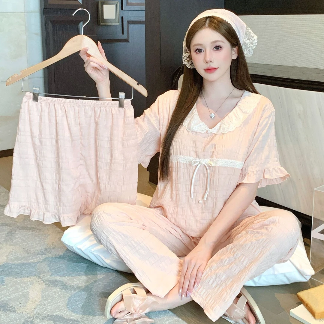 新款三件套睡衣女夏季短袖自带胸垫甜美公主风花边夏天长裤家居服
