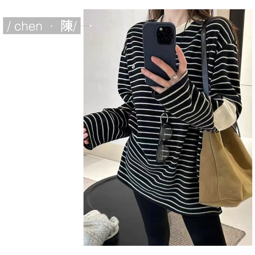 chen·陳韩系 爱心袖 条纹磨毛上衣