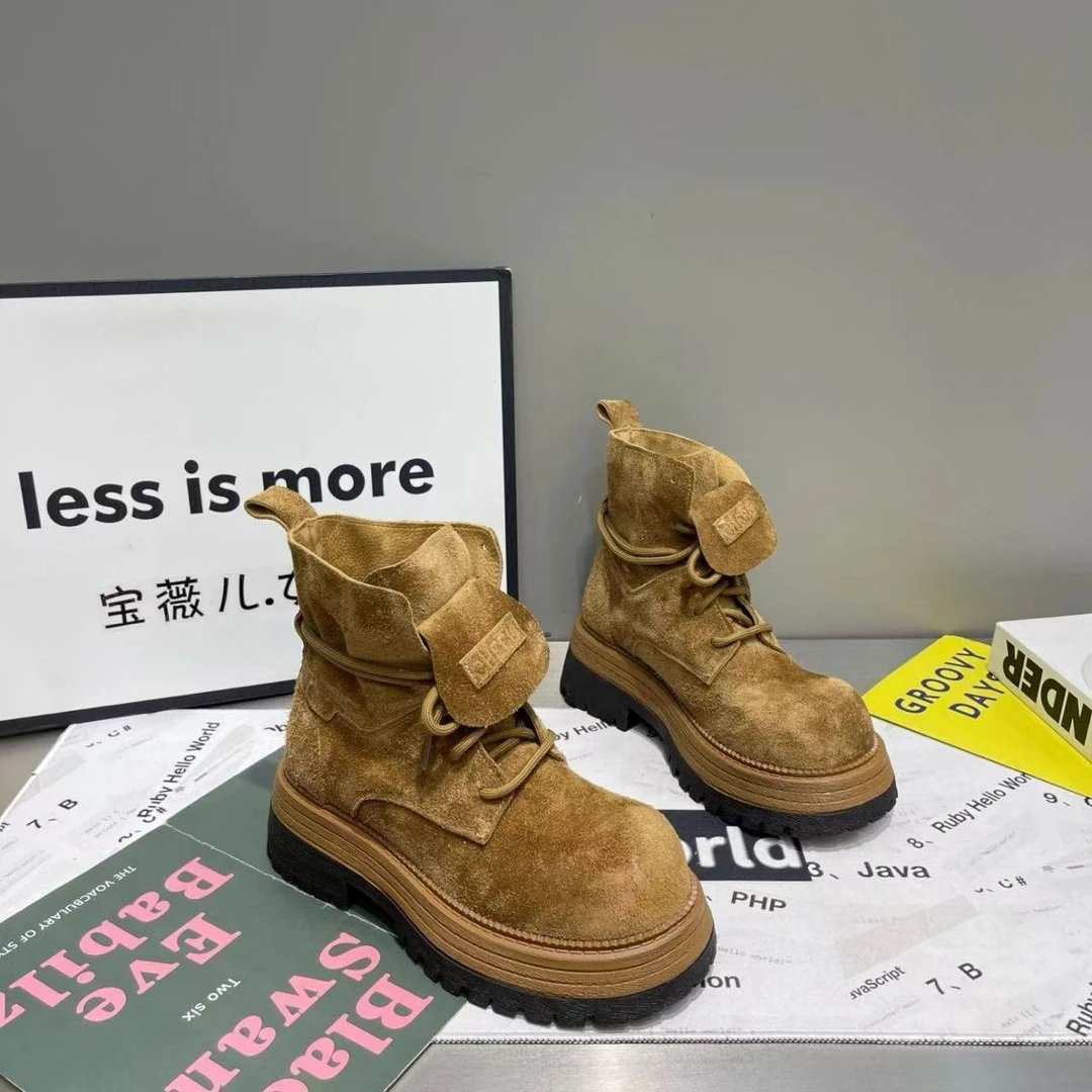 磨砂皮英伦风马丁靴女短靴2025年新款粗跟厚底小个子两穿系带单靴