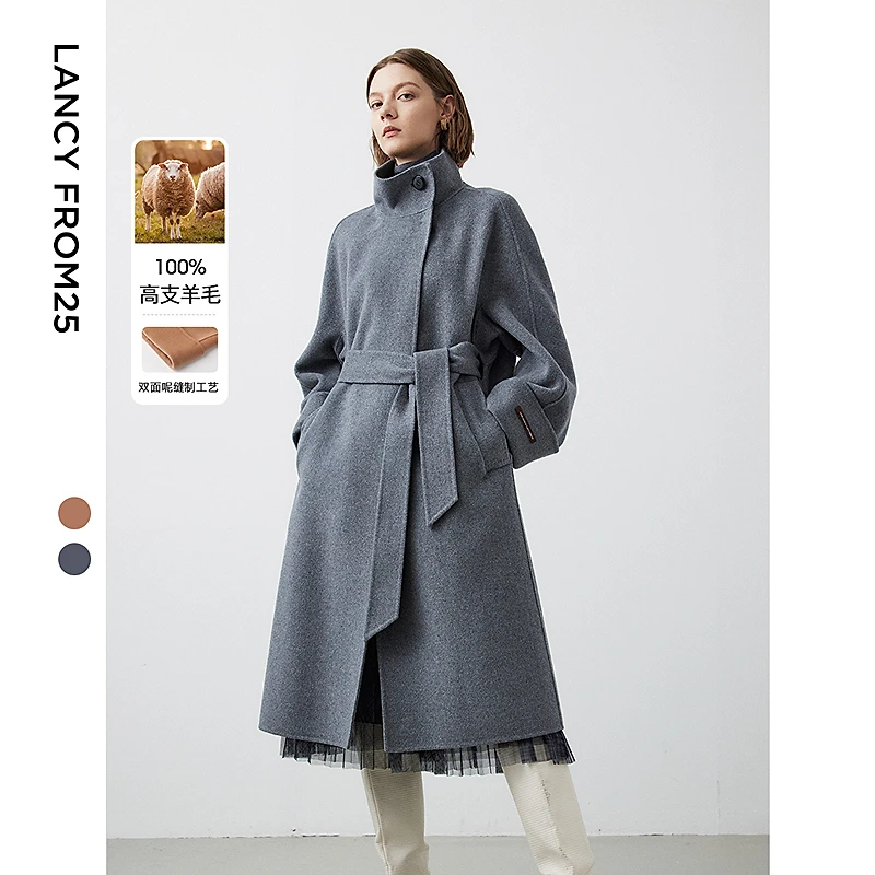 朗姿棉羊毛双面呢复古立领高级感毛呢大衣年新款冬季通勤外套