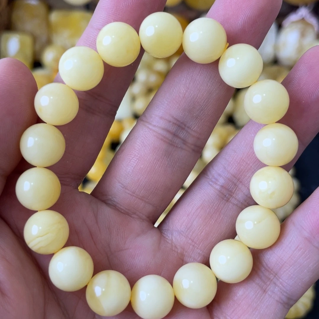 手串琥珀未镶嵌11+俄料浓蜡奶白花圆珠手串