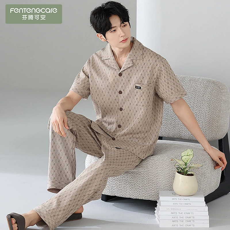 芬腾可安半袖男士睡衣夏季100%纯棉短袖长裤青少年薄款夏天全棉男