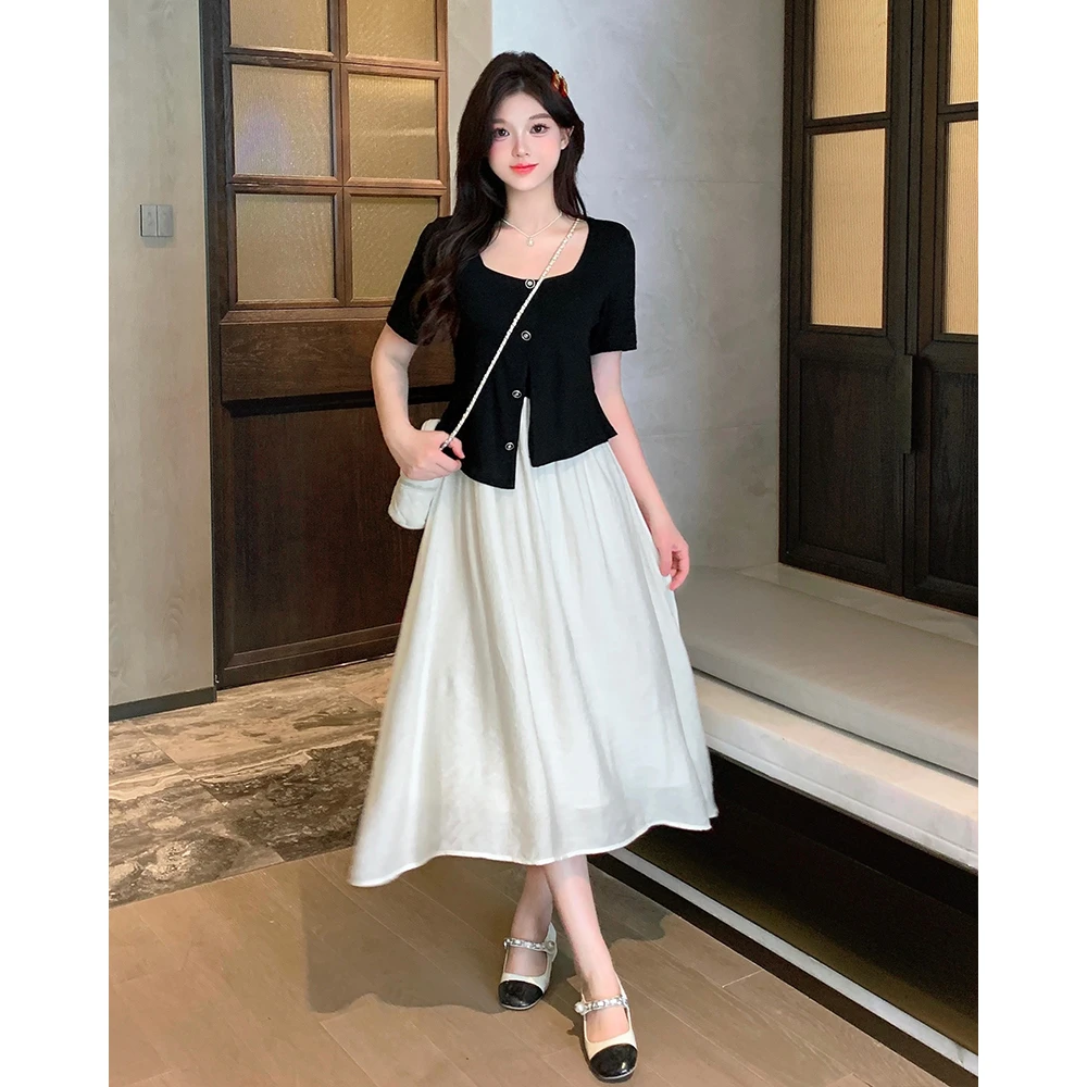 清2025夏季款胖mm大码女法式假两件连衣裙收腰显瘦气质a字裙63205