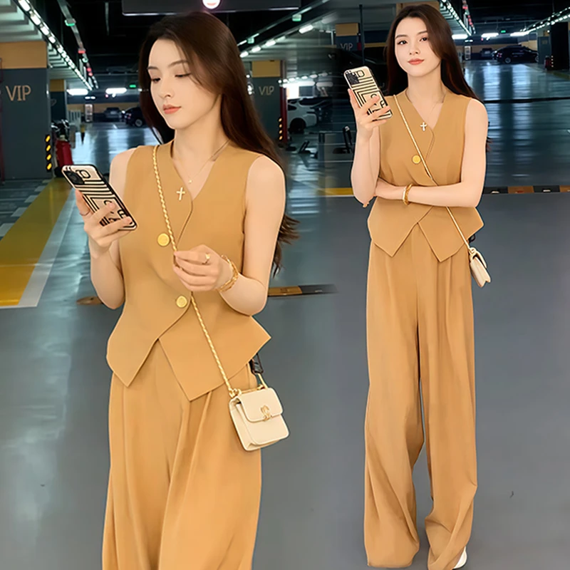 2025年夏季新款休闲慵懒风洋气套装女士简约显瘦上衣阔腿裤两件套