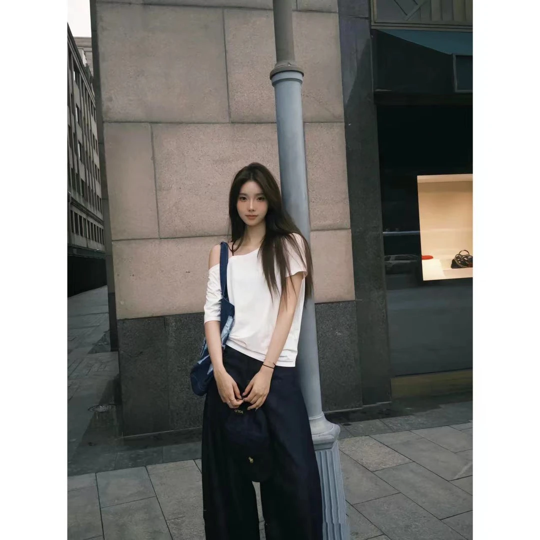 徐秋阳  斜肩t （常规版型）春夏新款百搭舒适显瘦气质斜肩设计上衣