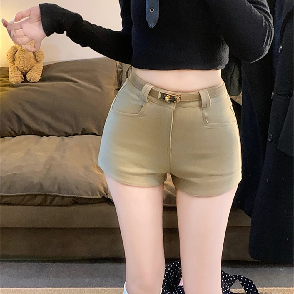 美式复古卡其休闲短裤女大码夏季高腰弹力修身辣妹a字包臀热裤子