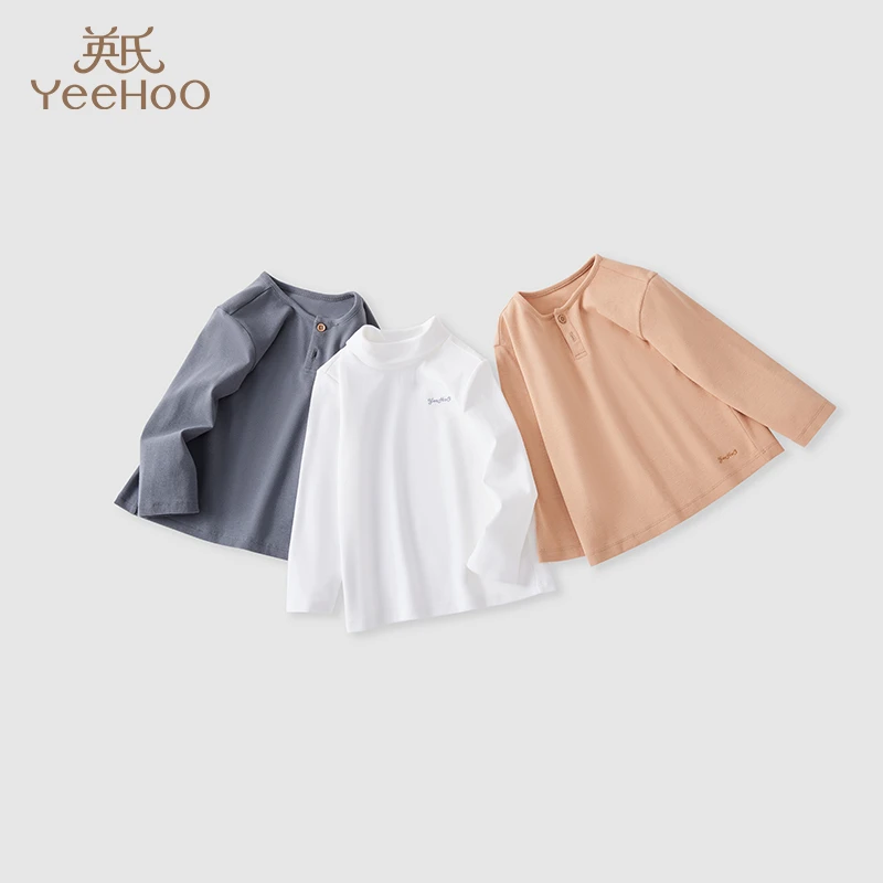 英氏【百搭T恤】儿童秋季打底衫户外男女童长袖上衣纯色休闲套头DB