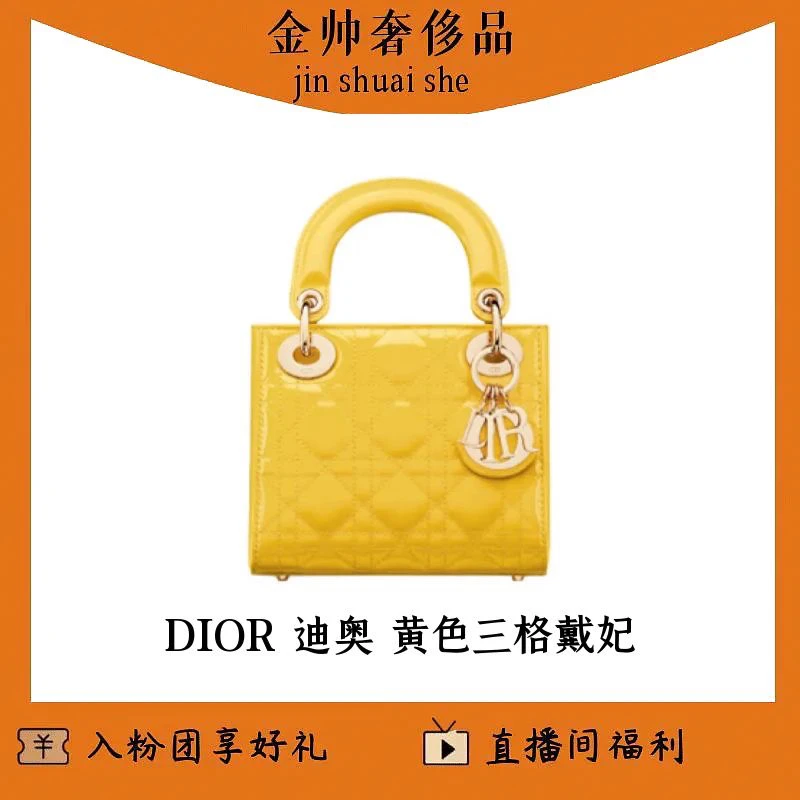 99新 DIOR/迪奥 黄色/新款/三格戴妃/漆皮/单肩包/B4420