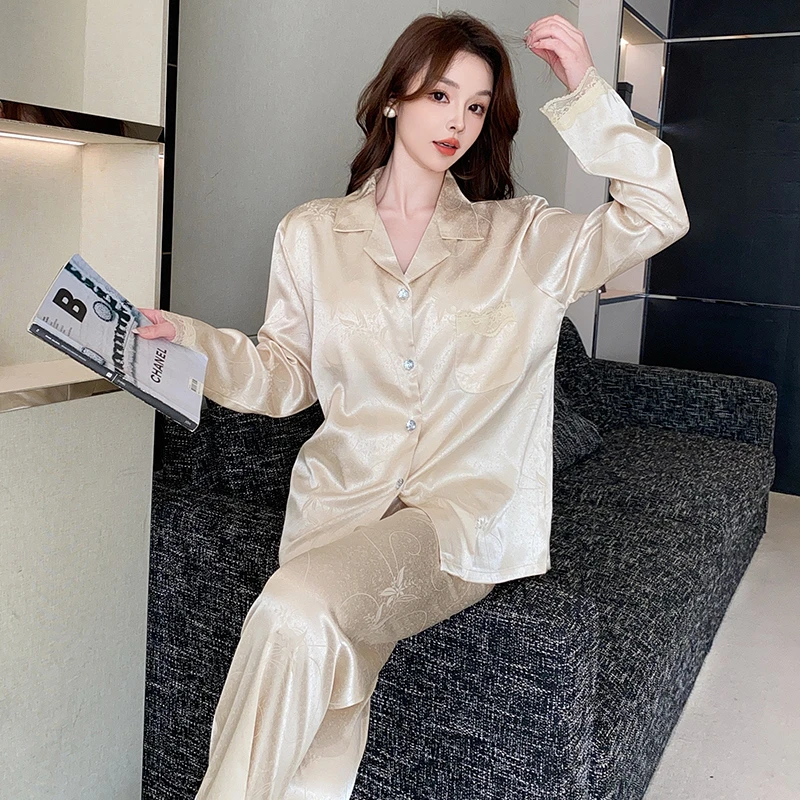 2025新款春季睡衣女套装简约居家柔光软丝修身长袖长裤睡衣家居服