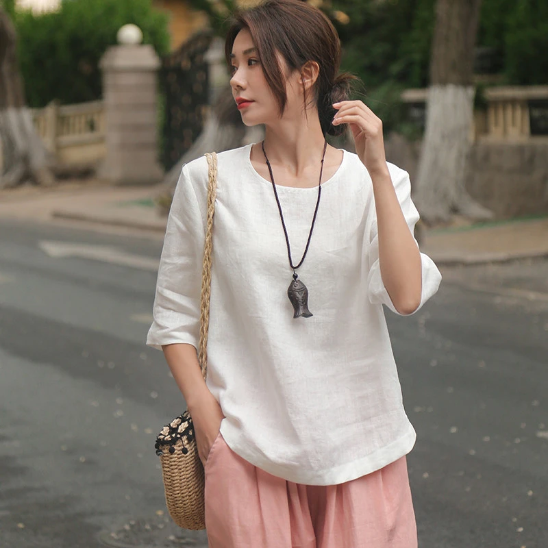 白色亚麻T恤女上衣 2025夏新款复古文艺圆领宽松短袖百搭棉麻体恤