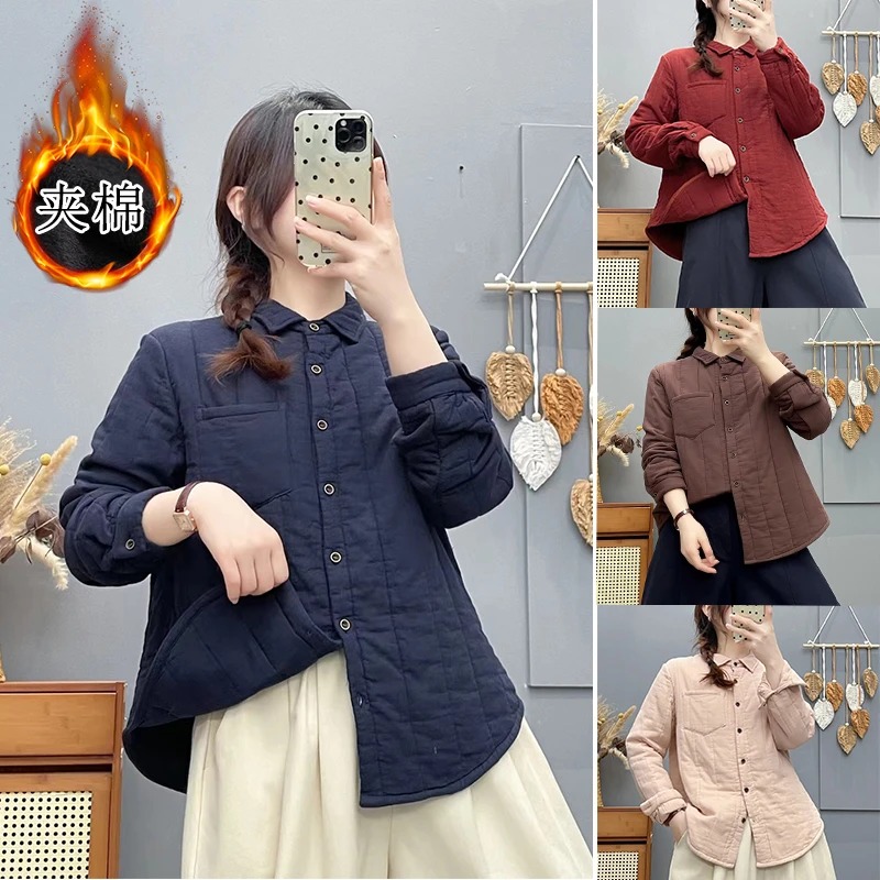 夹棉衬衫女2025冬季新款复古文艺可外穿内搭保暖纯棉衬衫棉衣女