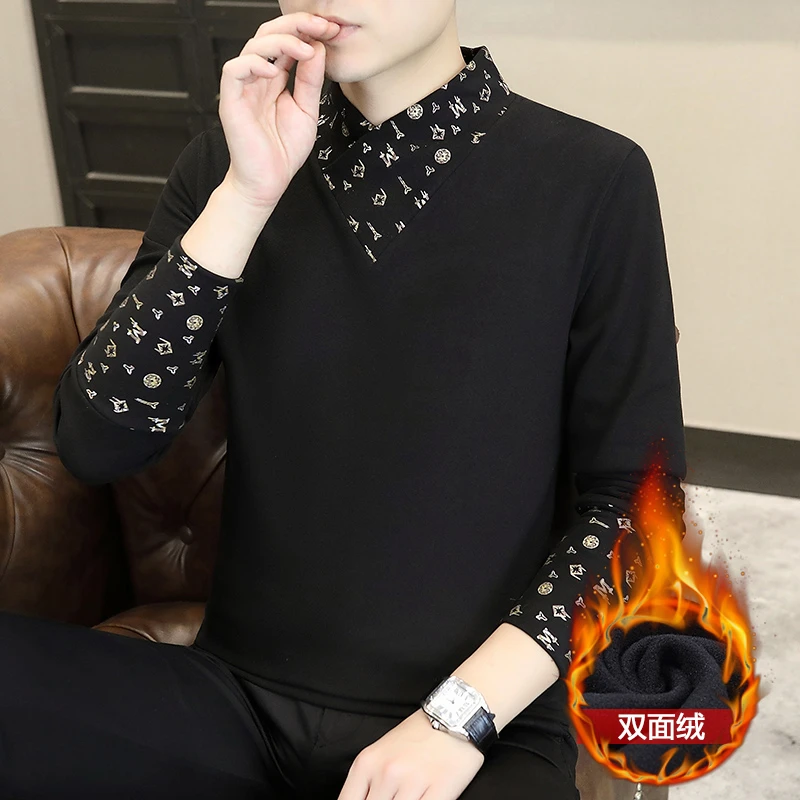 2024新款德绒假两件半高领男士打底衫秋冬加绒长袖保暖上衣男中领