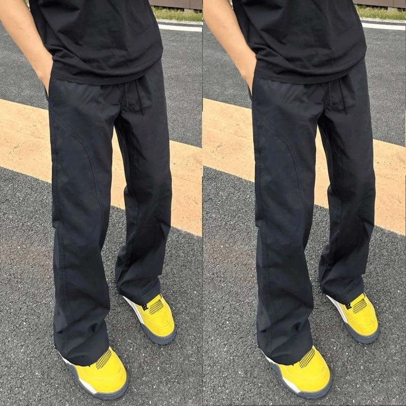 美式基础斜切百搭休闲裤男生夏季新款显瘦显高宽松直筒微喇冲锋裤