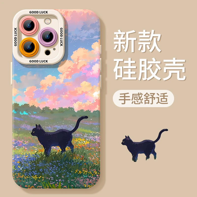 适用苹果16promax手机壳新款iphone13油画猫咪15春天14pro软壳11