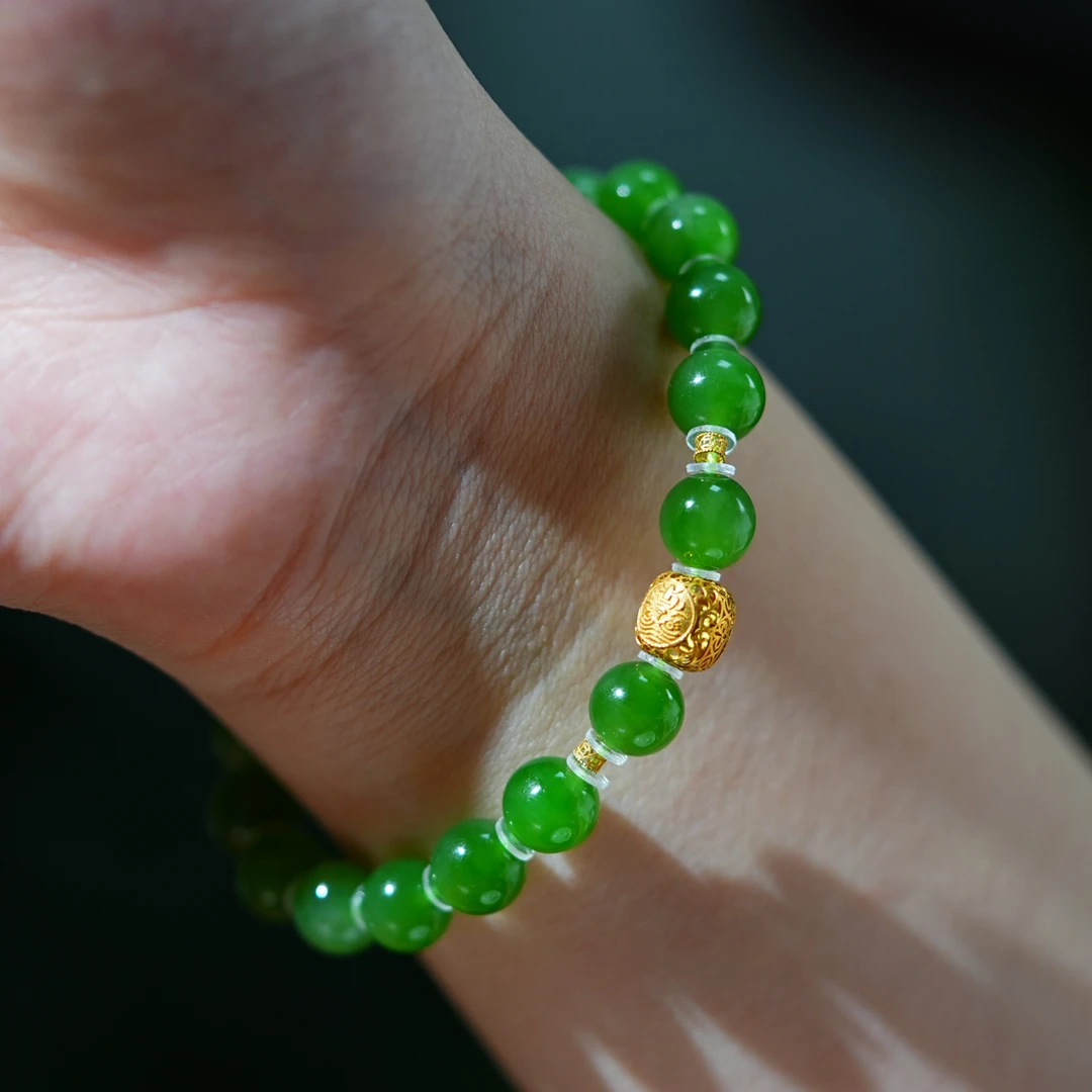 【小浩珠宝】俄罗斯和田玉碧玉单圈手串冰阳绿8mm18K金冰底无黑点