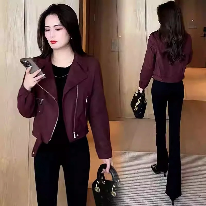 2025春秋季新款短款皮绒外套女时尚百搭气质高级感机车服夹克上衣