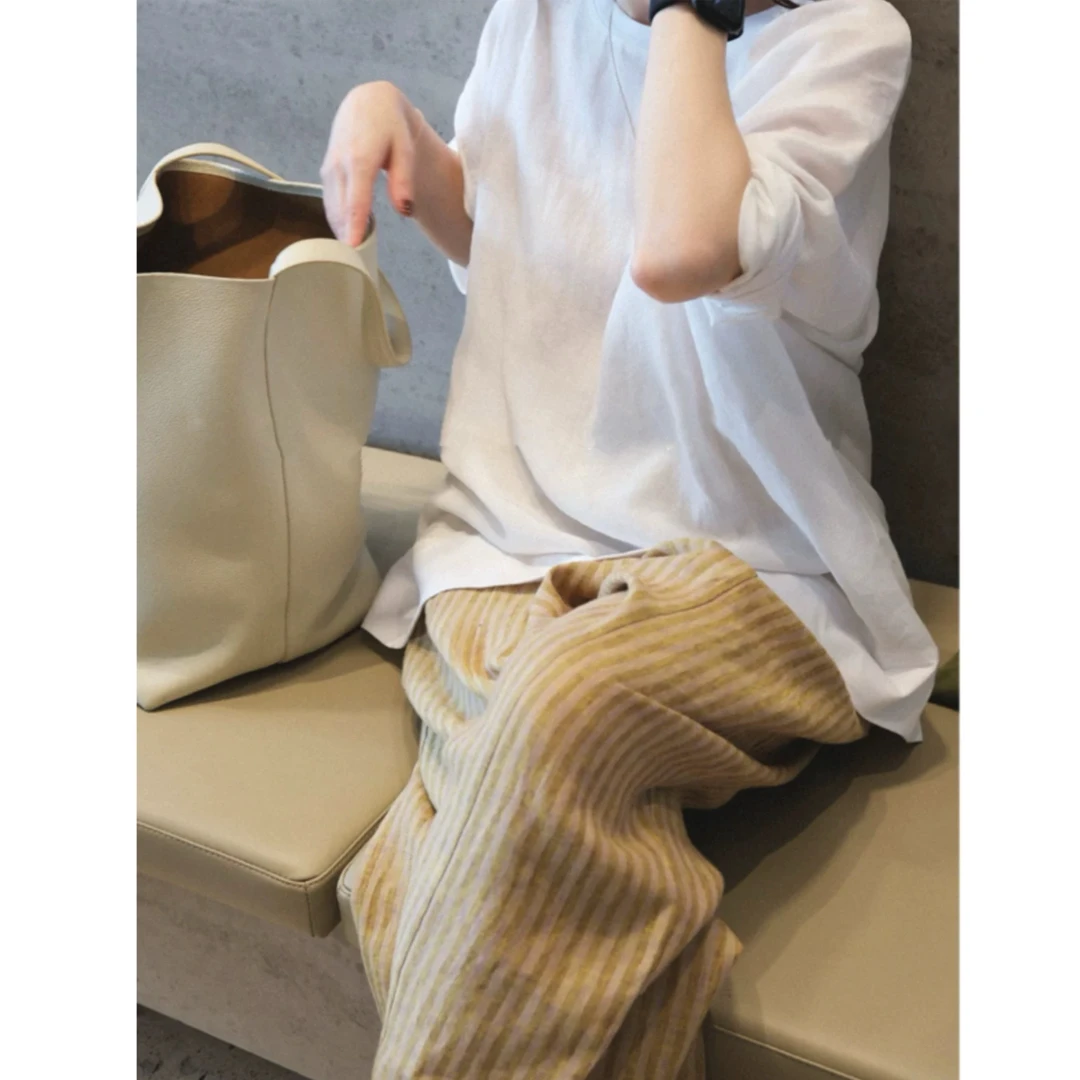 【紫苏条纹】春夏自留款法国亚麻质感小众条纹友好敲舒适直筒裤2575