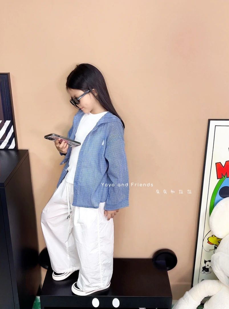 有有家·男女童高品质夏款日系百搭双纱布格子连帽休闲防晒衣外套