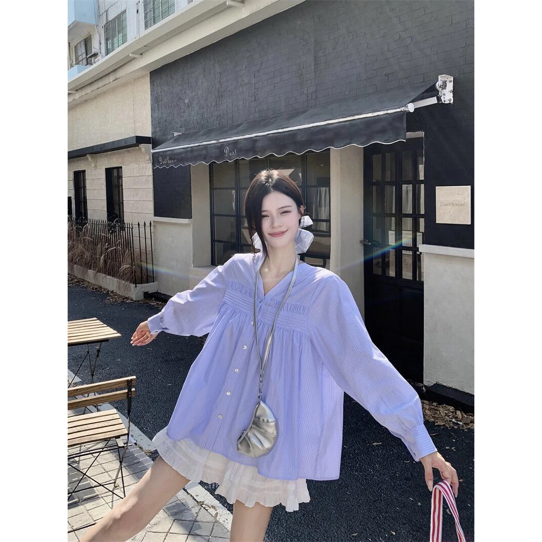 衬衫女2025新款蓝色气质v领褶皱长袖上衣韩系学院风休闲百搭衬衣