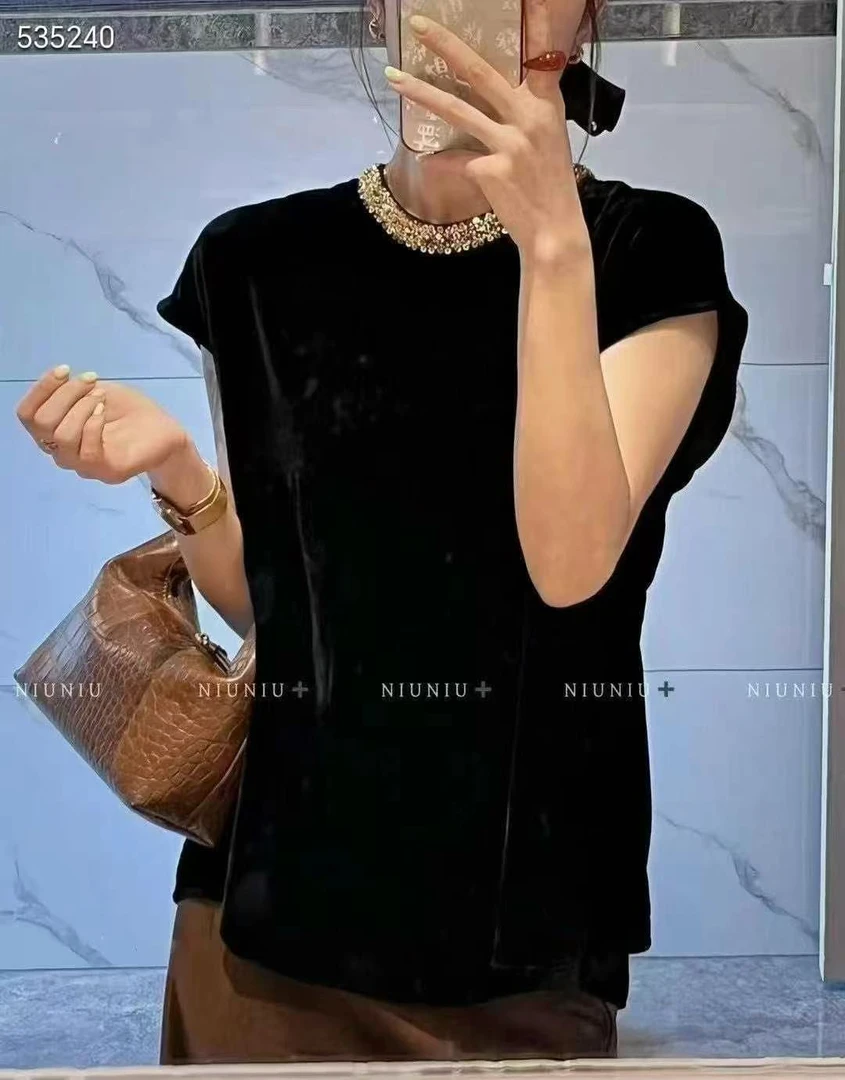 夏季新中式短袖真丝丝绒领口烫钻显瘦御姐风英伦风