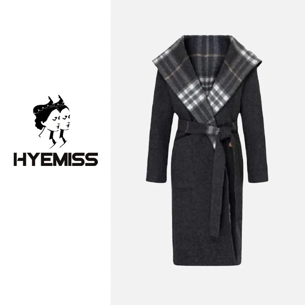 HYEMISSJWD4TP70秋冬新款满分绵羊毛连帽正反两穿格纹双面呢大衣