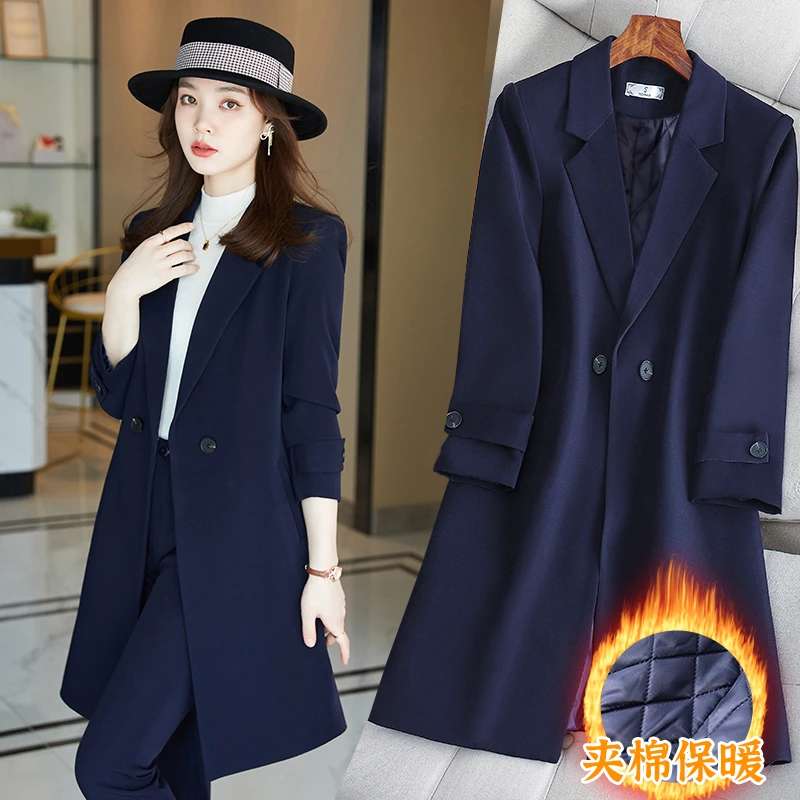 藏蓝中长款西装风衣外套女夹棉加厚2025年秋冬新款大衣时尚工作服