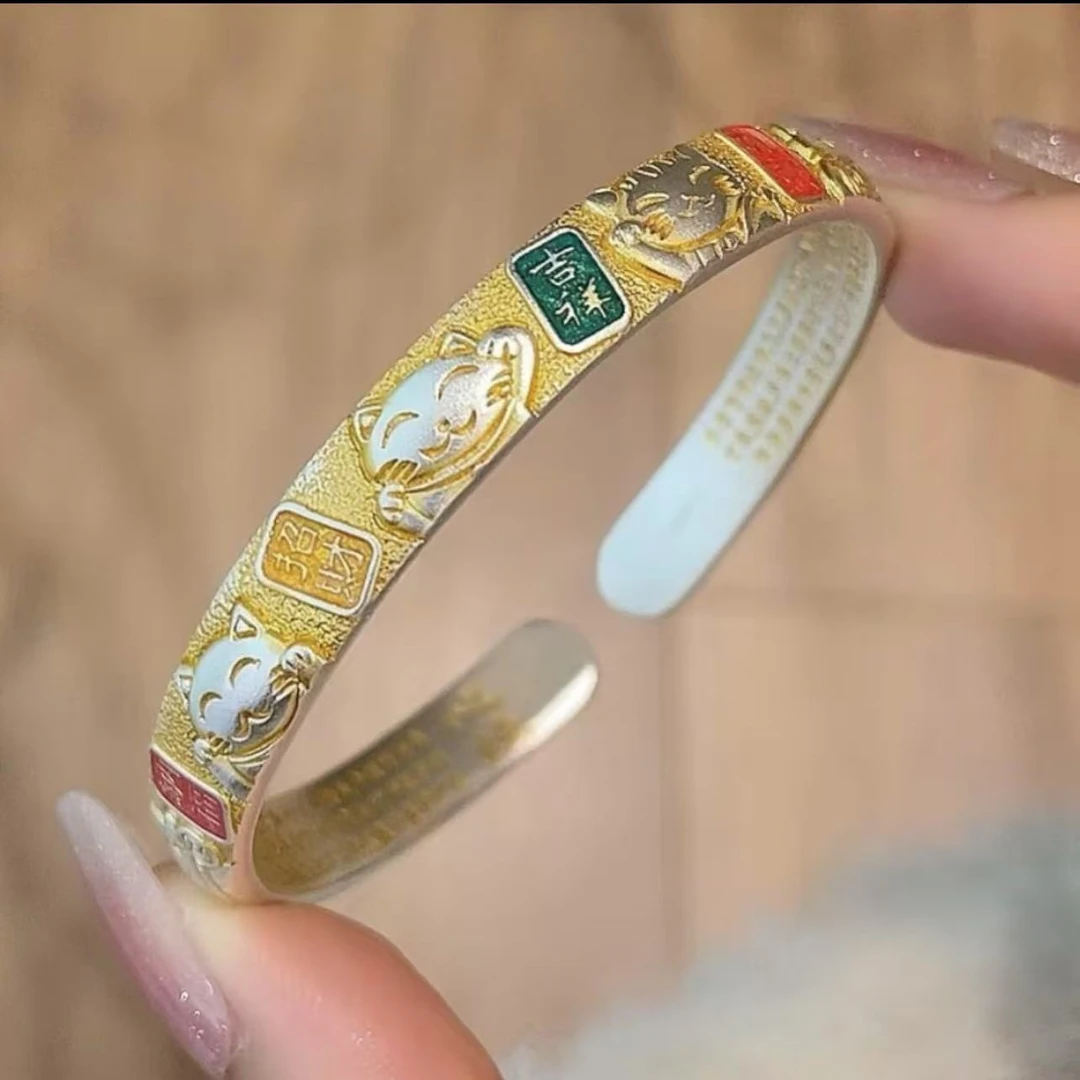 足银手镯 51号 招财猫吉言心经开口实心足银手镯