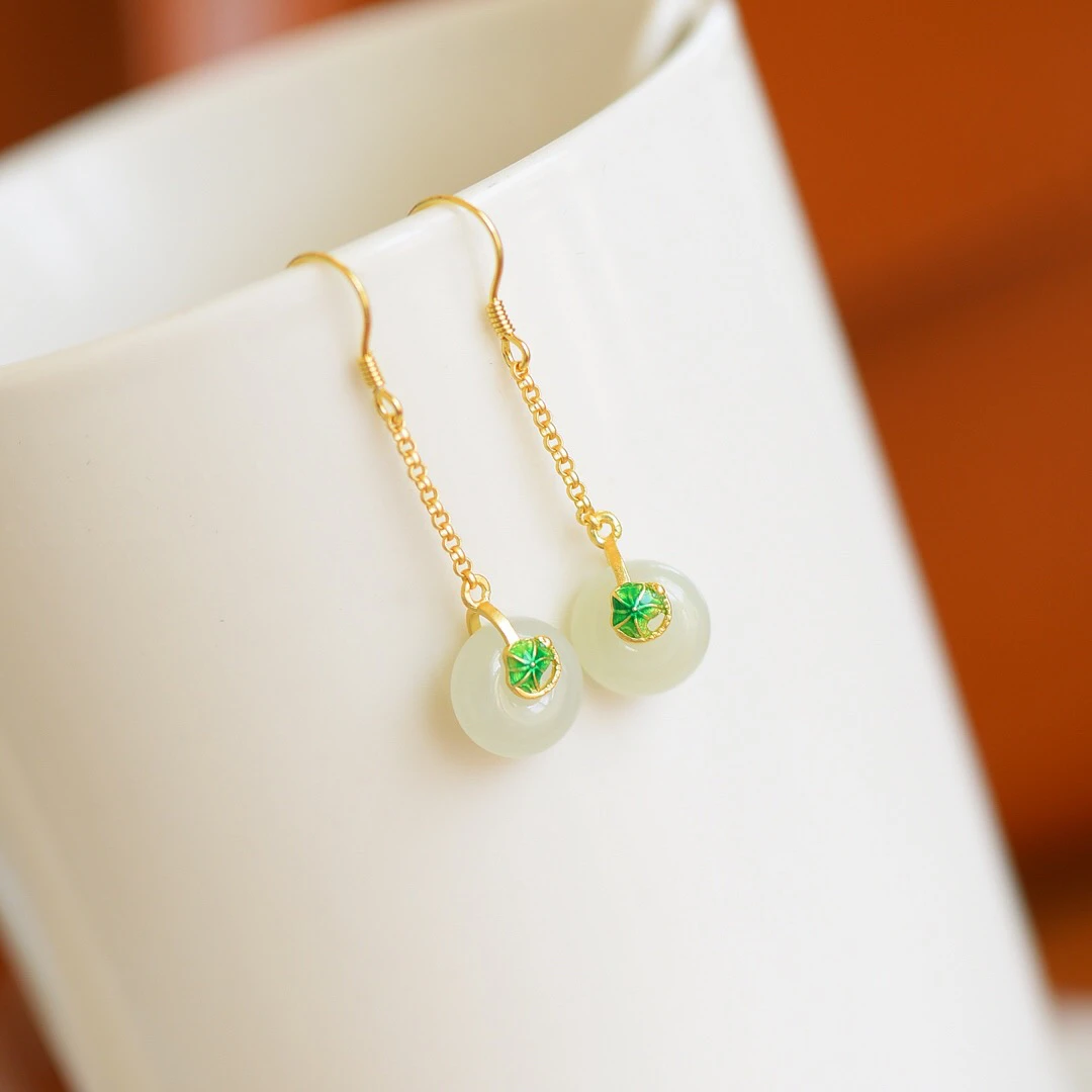 S925银镶嵌和田玉平安扣耳坠2389#