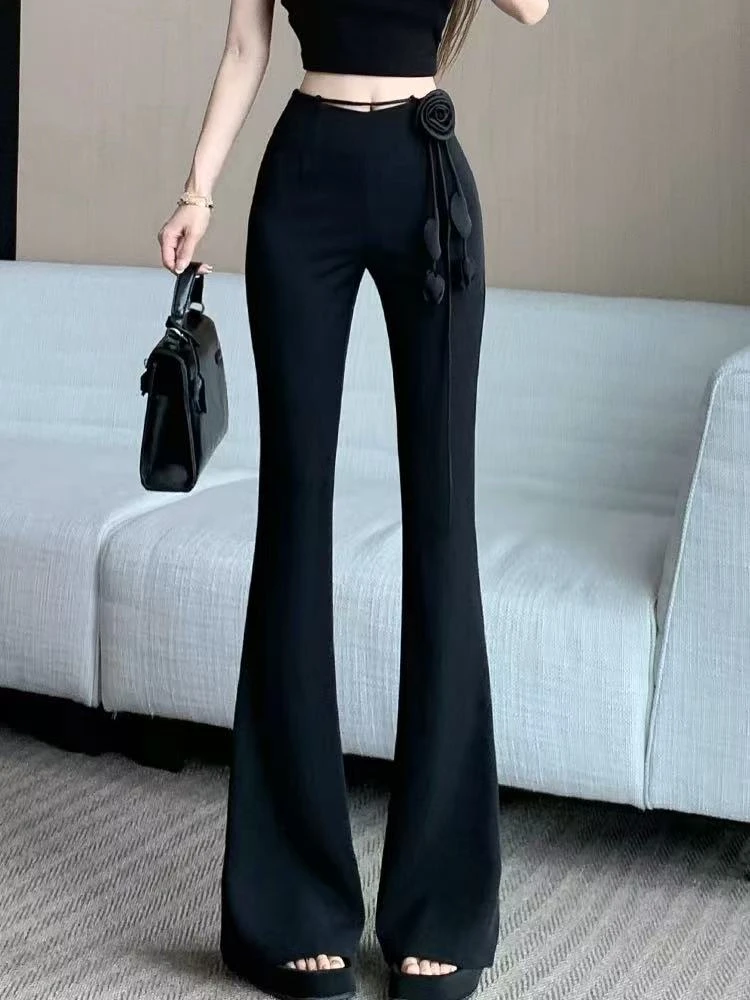 【晨浠定制】新款时尚气质显瘦设计感玫瑰花流苏微喇裤33021