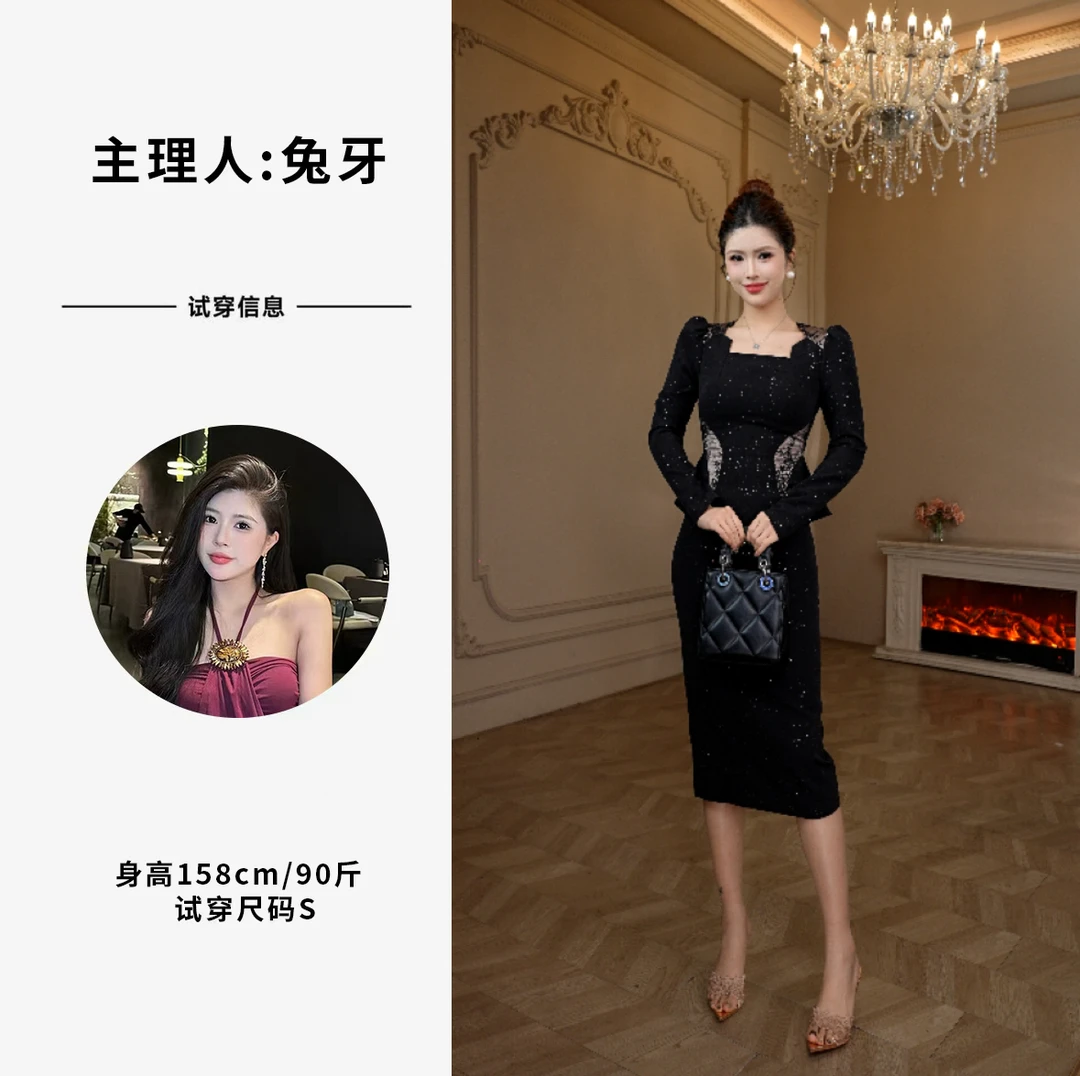 【十七定制】黑色·复古名媛优雅气质秋冬新款连衣裙21875