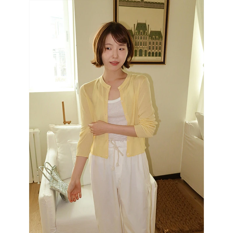 薄款毛针织衫宽松型纯色睡衣夏季开衫防晒女装圆领