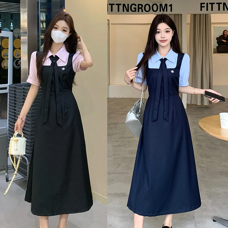 2025新款蔚蓝学院韩版学院风减龄刺绣撞色假两件显瘦连衣裙夏季收