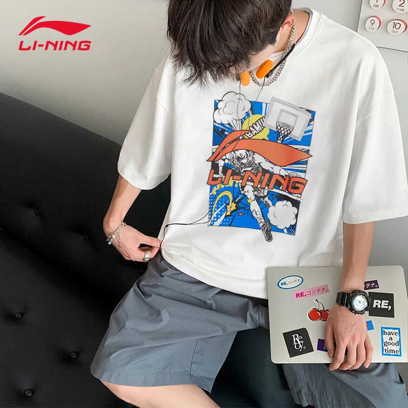 李宁男款短袖白色印花2025夏季学生男大学生学院风短袖时尚T恤