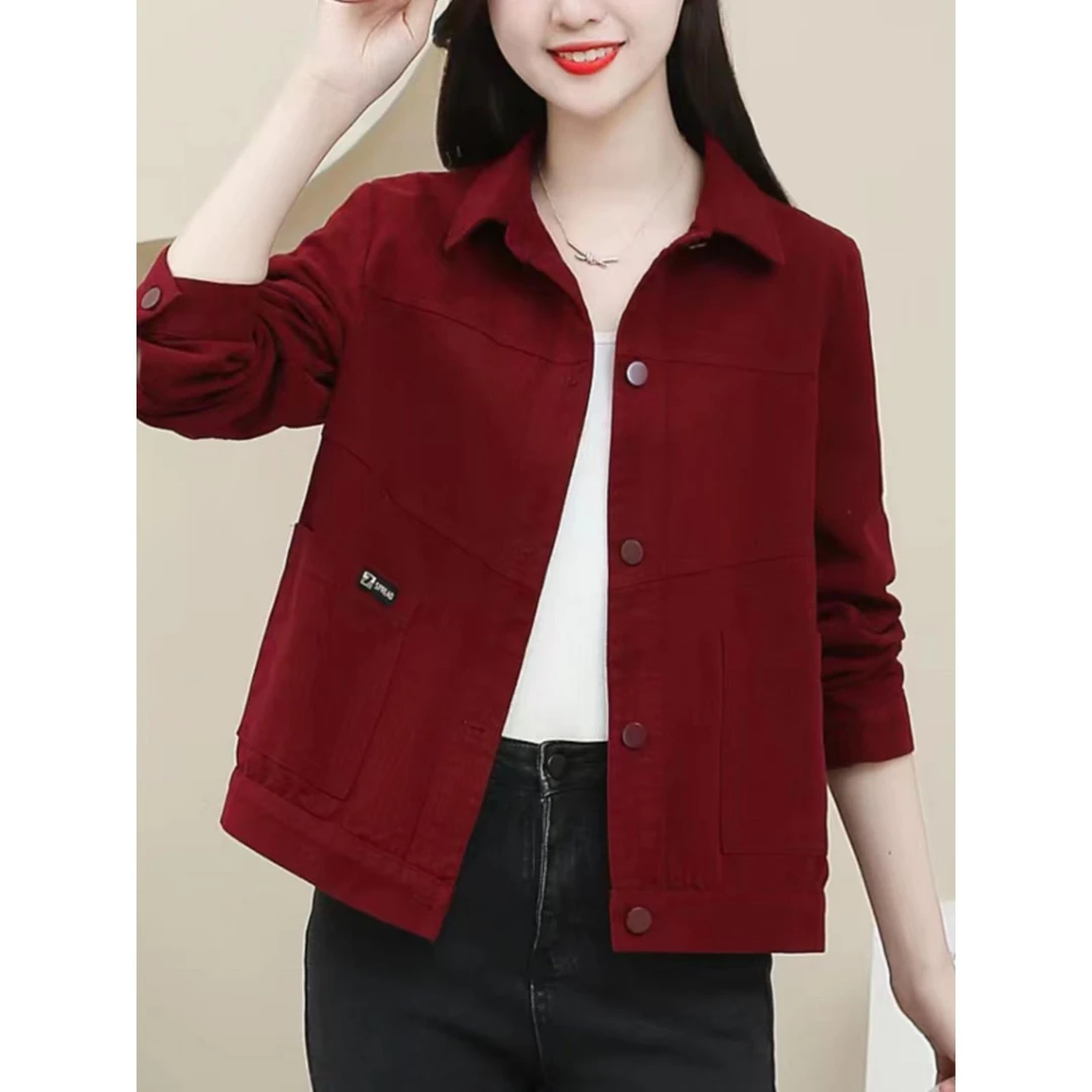 短款春秋休闲夹克牛仔外套女2025春装新款妈妈装大码宽松百搭翻领