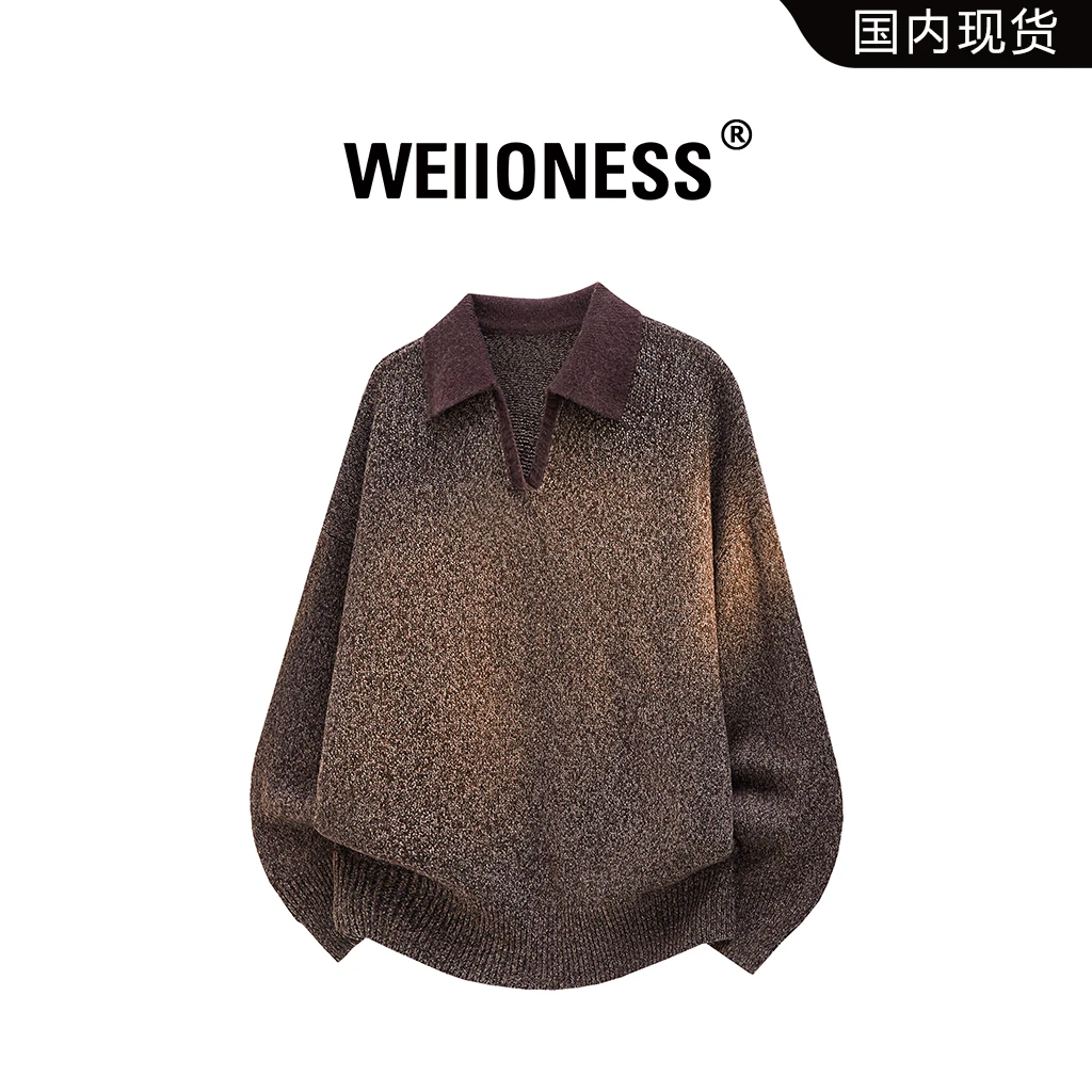 WEIIONESS老钱风复古毛衣男士冬季美式高级感宽松翻领针织衫上衣