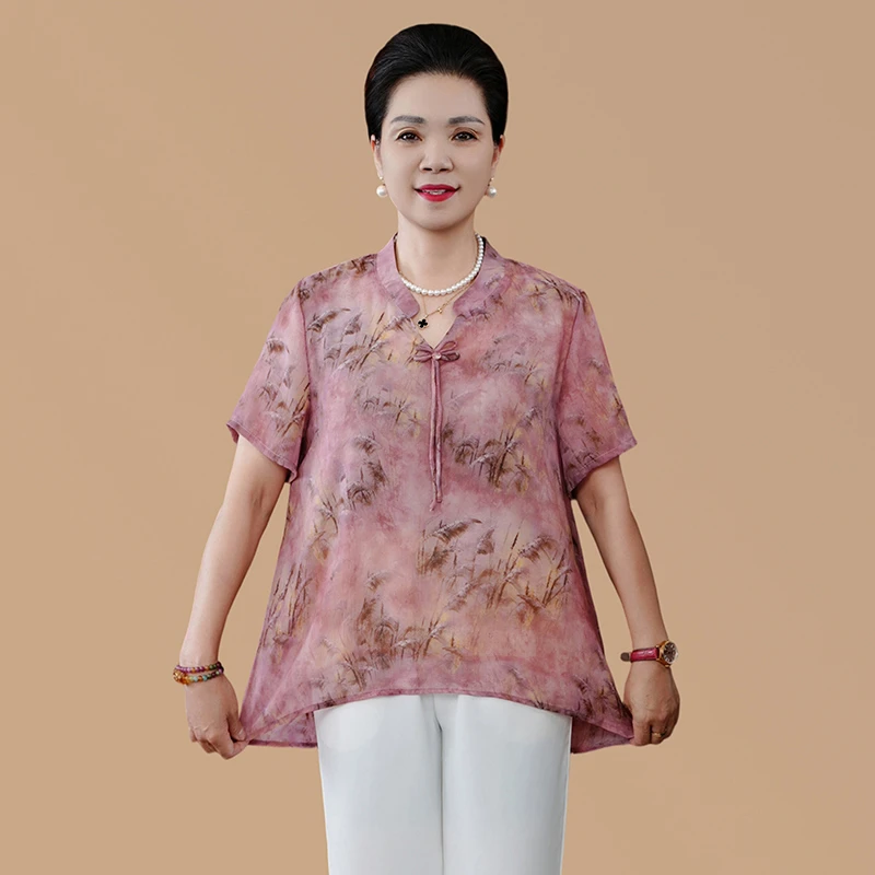 中老年女装妈妈装夏季新中式改良领优雅短袖上衣妈妈双层国风T恤
