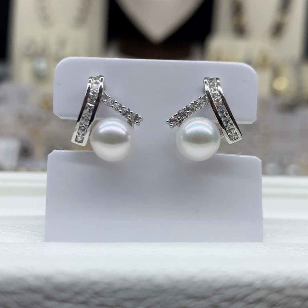 海水珍珠耳饰银S925镶嵌7-7.5mm海水珍珠耳钉