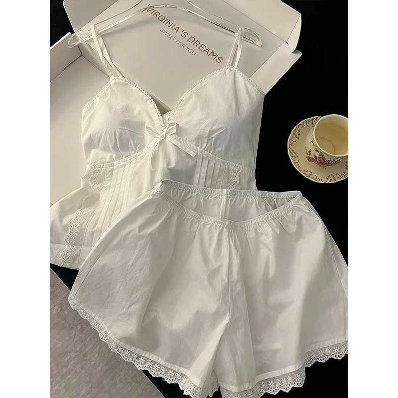 【蝴蝶结蕾丝花边】法式纯欲睡衣女夏季新款纯色条纹吊带家居服套装