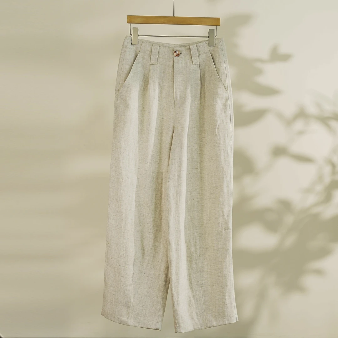 100%亚麻直筒宽松原色休闲女士裤（240927）