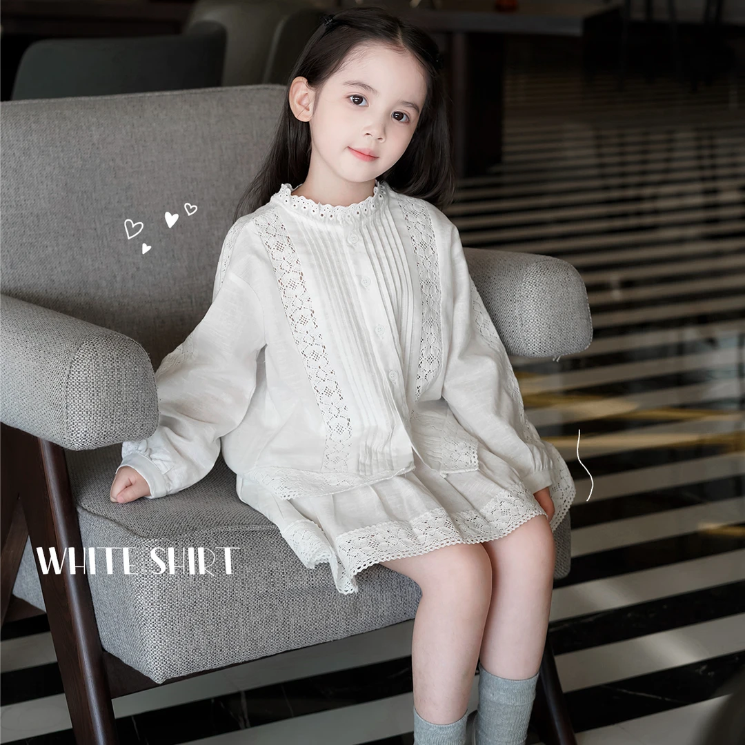 AnnieGirl重工花边苎麻上衣蕾丝拼接女童秋季新款裙裤套装2025