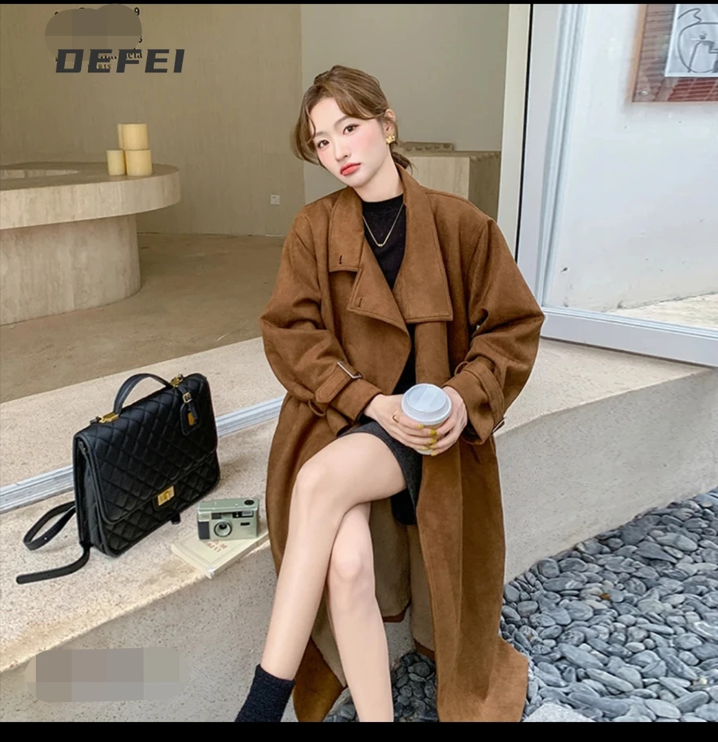 冬季鹿皮绒气质翻领长款时尚百搭高级感洋气风衣外套