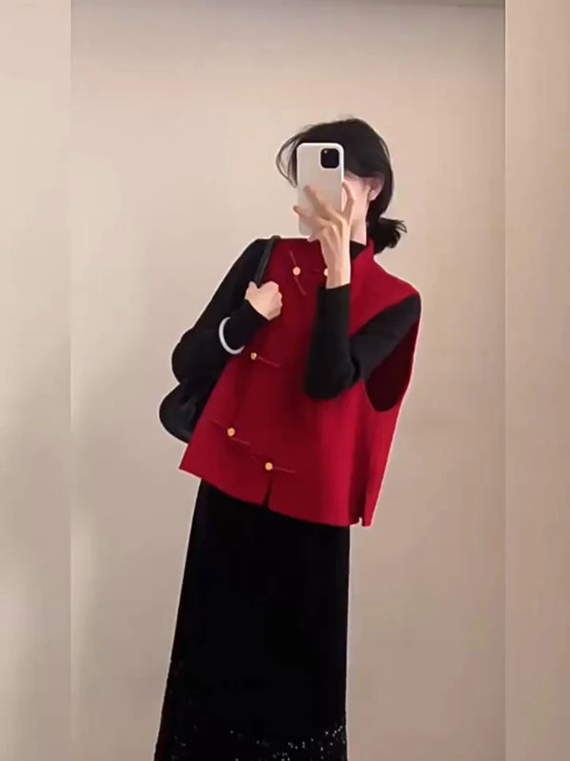 红色穿搭一整套女2025秋冬新中式国风高级感超好看马甲半身裙套装