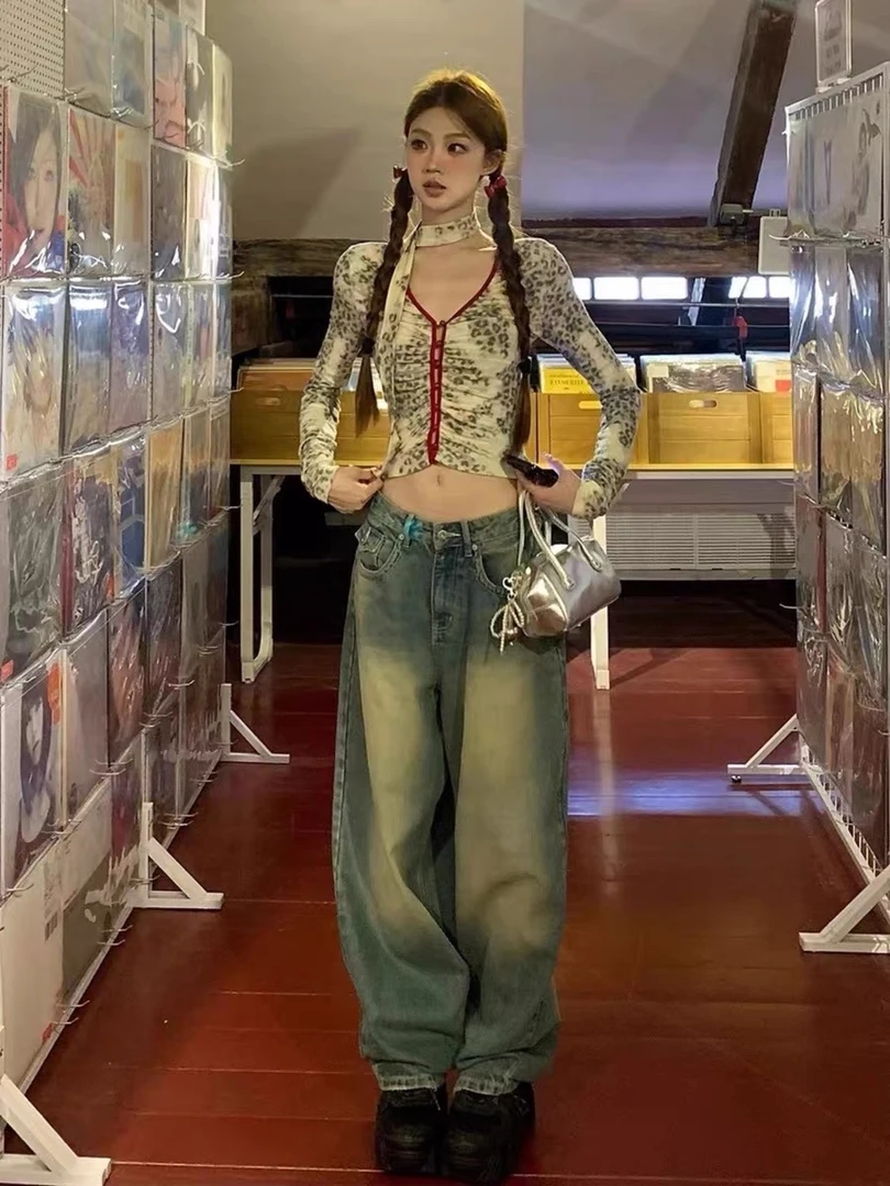 辣妹风性感豹纹撞色长袖开衫T恤女春秋新款设计感短款飘镂空上衣