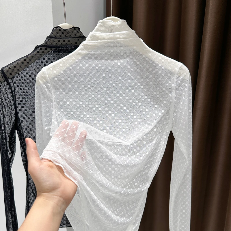白色叠穿长袖打底衫女爆款夏季网纱上衣设计感堆堆领套头内搭T恤